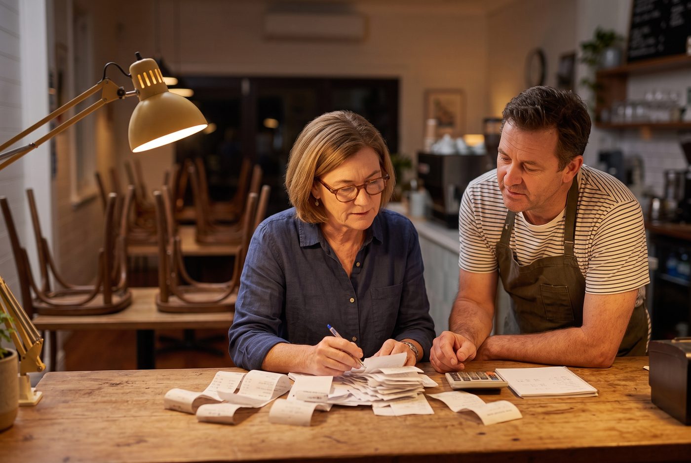 Helen going through receipts with a café owner after closing