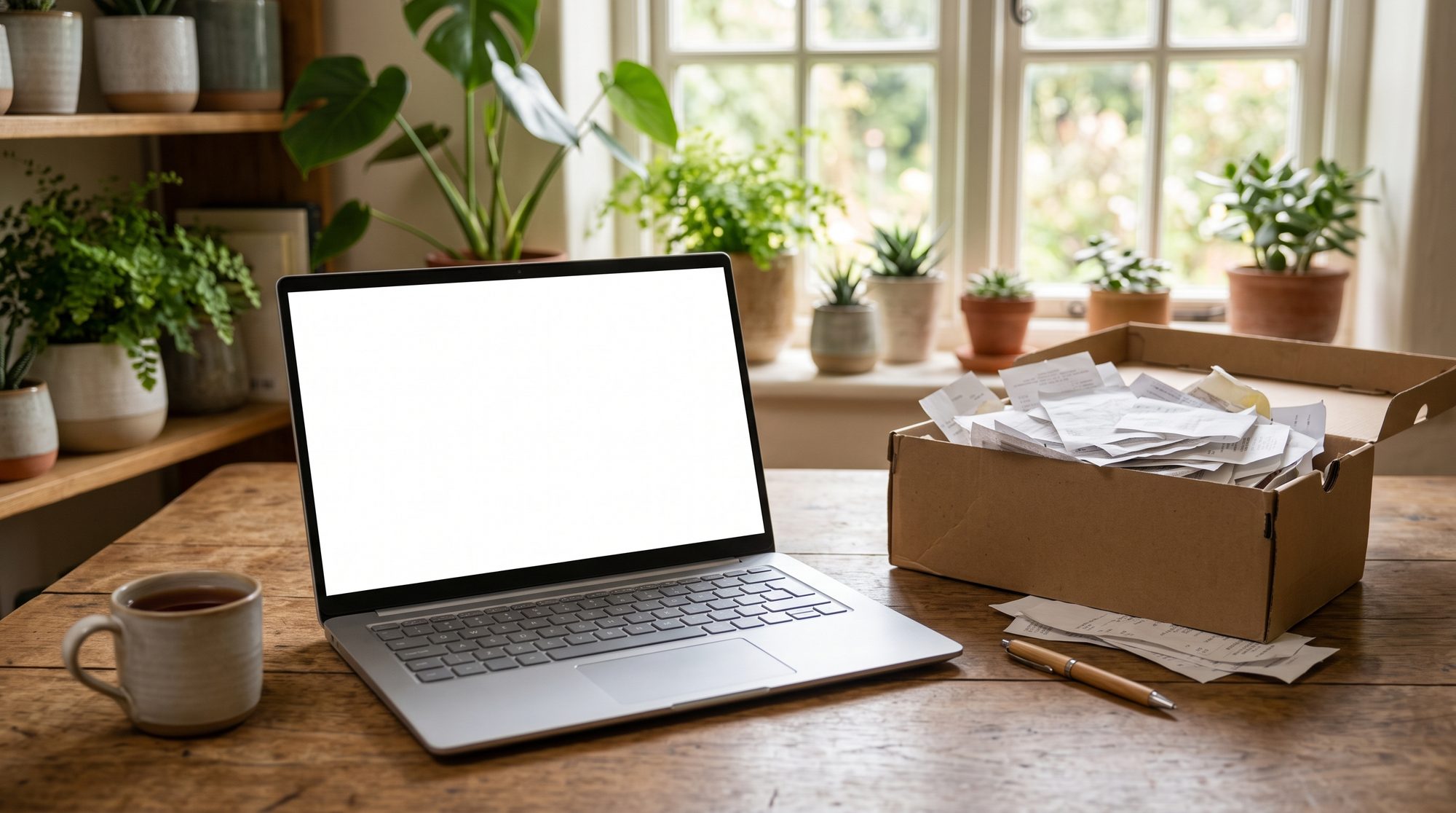 Helen's laptop on the desk beside a shoebox of receipts, showing her list of paperwork still to come in