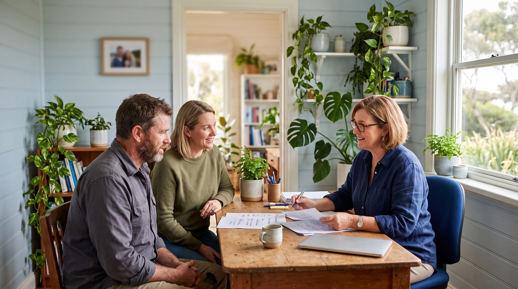 Helen going through paperwork with a couple at the big wooden table in her office