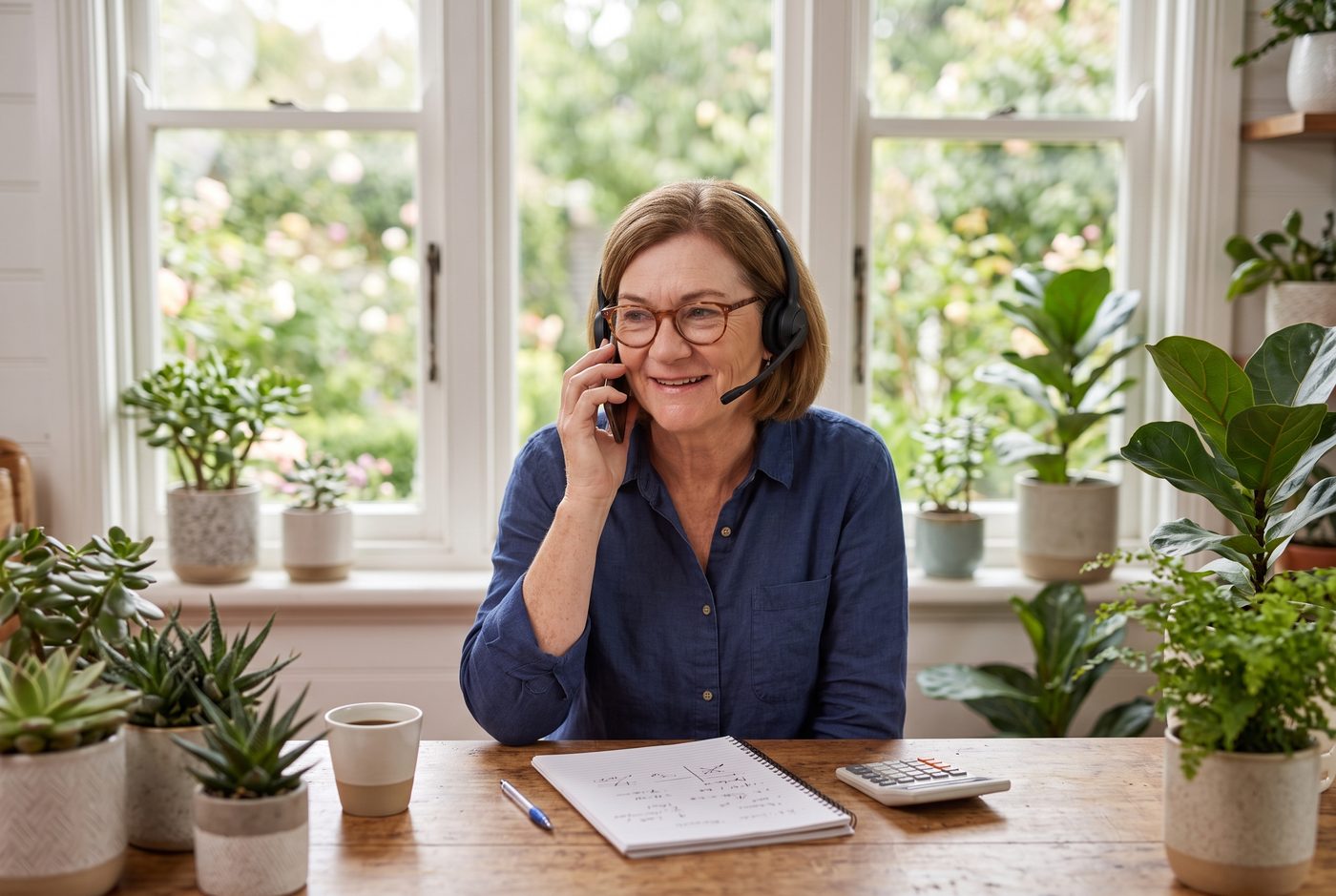 Helen on a call with a client at her desk by the window