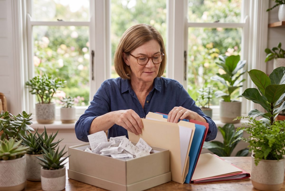 Helen sorting a shoebox of receipts into folders