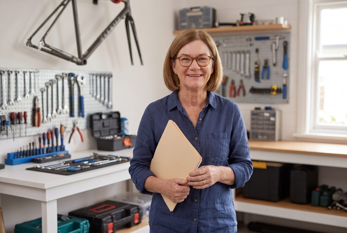 Helen with a folder in a client's workshop